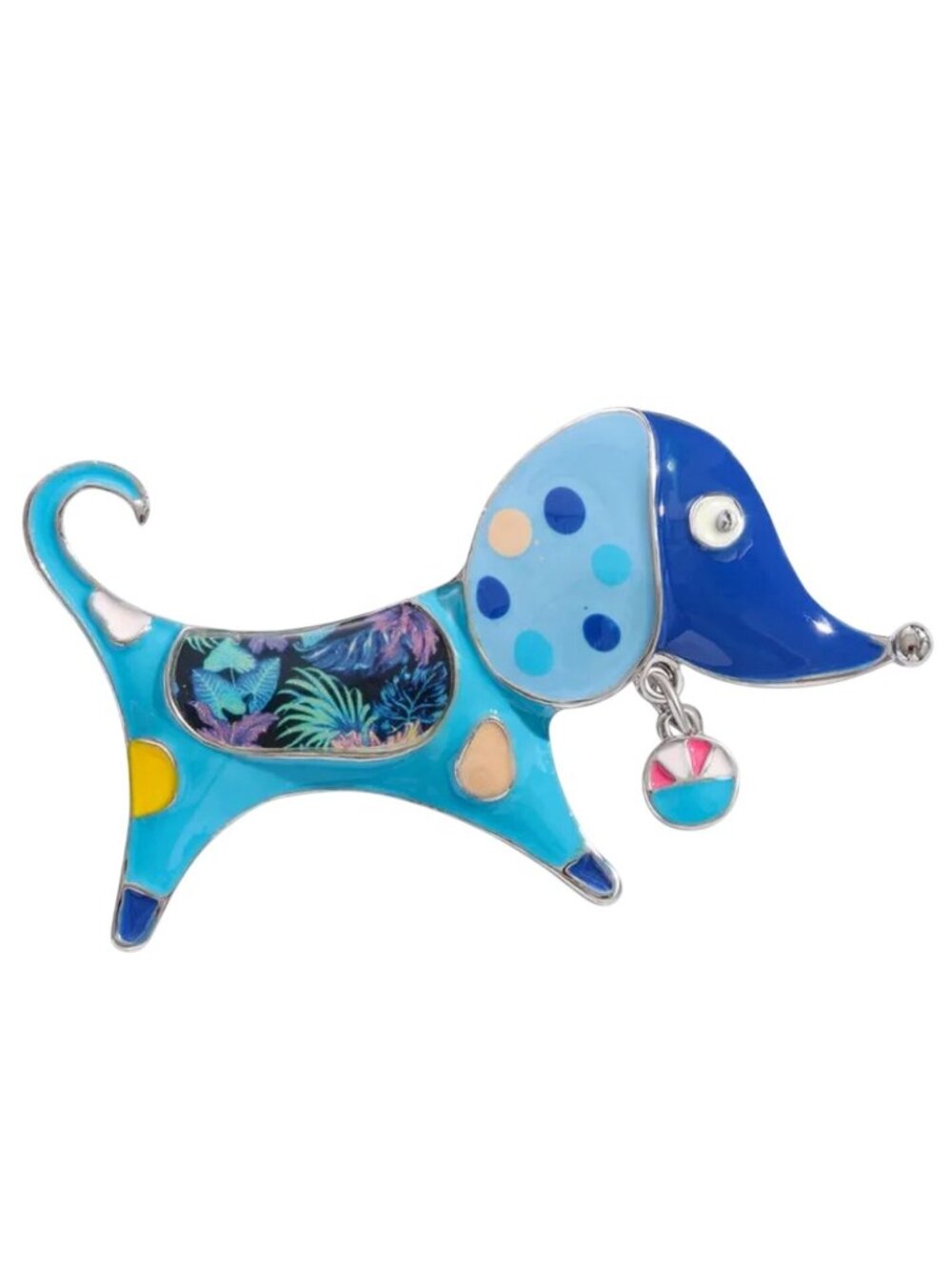 Blue Floral Enamel Dog Brooch Pin With Dangling Charm